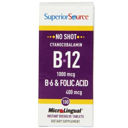 Superior Source No Shot B12 Cyanocobalamin - 1,000 mcg com Folic Acid - 100 Tabletes