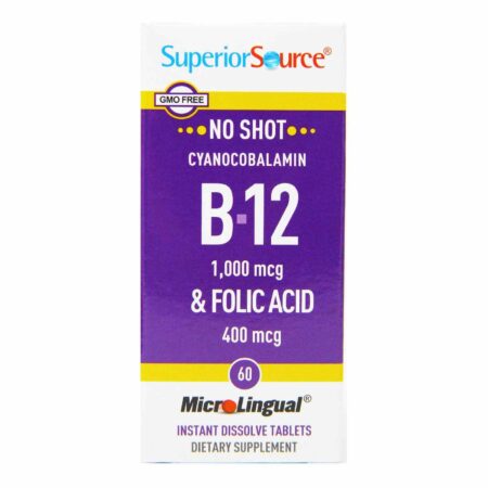 Superior Source, No Shot - B12 Cianocobalamina 1,000 mcg com Ácido fólico 400 mcg - 60 Comprimidos