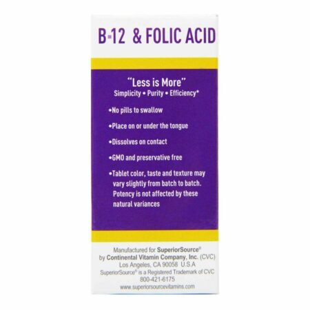 Superior Source Vitamina B12 Cianocobalamina 1000mcg com Ácido Fólico 400mcg – 60 Comprimidos para Energia e Bem-Estar — foto 2