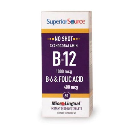 Superior Source, No Shot B12 Cyanocobalamin - 1,000 mcg com B6 e Ácido Fólico - 60 Comprimidos