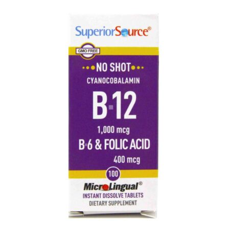 Superior Source, No Shot B12 Cianocobalamina 1,000 mcg com B6 e Ácido Fólico - 100 Tabletes