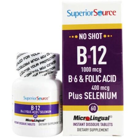 Superior Source, No Shot Cianocobalamina B12 1,000 mcg com B6, Ácido Fólico e Selênio - 60 Tabletes