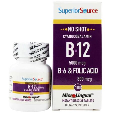 Superior Source, No Shot B12 - Cyanocobalamin 5,000 mcg com B6 e ácido fólico - 100 Comprimidos