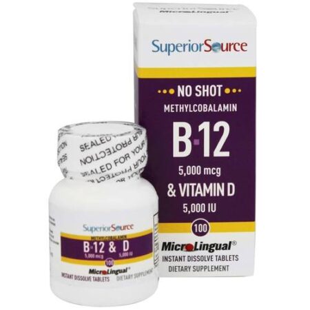 Superior Source, No Shot Vitamina B12 - 5,000 mcg com Vitamin D - 100 Tabletes