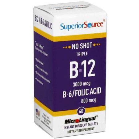 Superior Source, No Shot Triplo B12 3,000 mcg com B6 e Ácido Fólico - 60 Tabletes