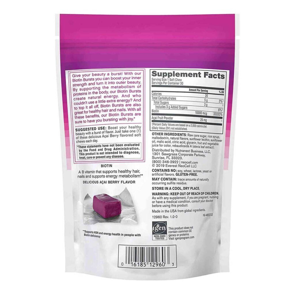 Neocell Biotin Bursts: Biotina Mastigável para Cabelos, Pele e Unhas Fortes com 30 Pastilhas - Imagem 3