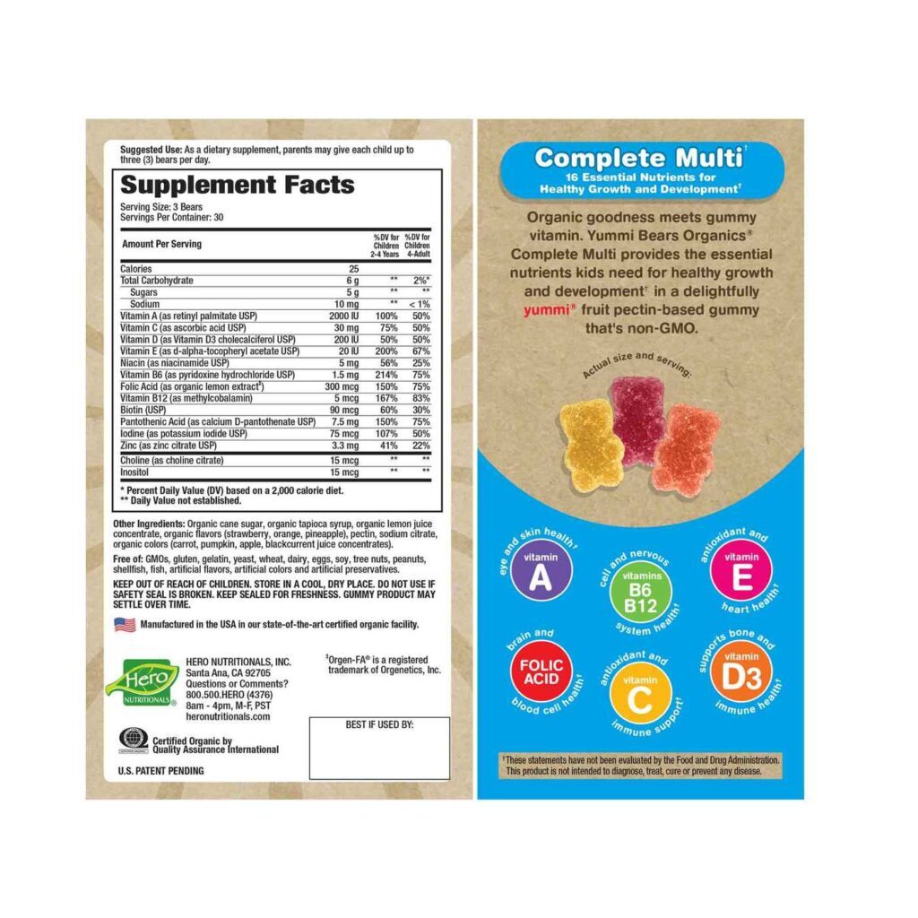 Hero Nutritionals Yummi Bears Organics® Multivitamínico Completo - 90 Gomas - Nutrição Essencial para Crianças - Imagem 2