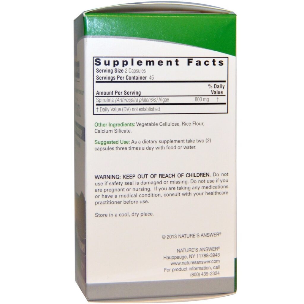 Nature's Answer Spirulina - 800mg - 90 Cápsulas Vegetarianas: Energia Verde Pura - Imagem 2