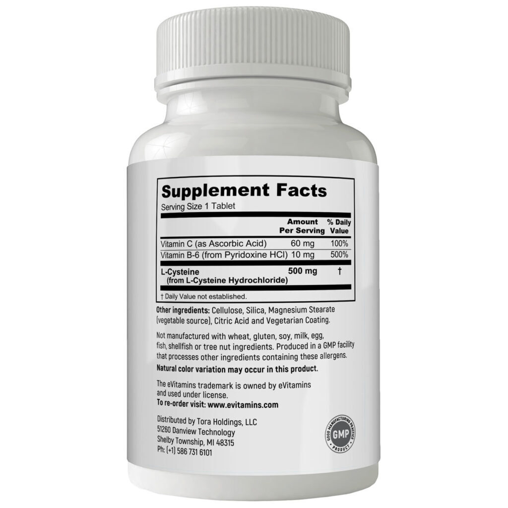 eVitamins L-Cisteína - 500 mg - 100 Tabletes: Essencial para Saúde e Bem-Estar no Brasil - Imagem 2