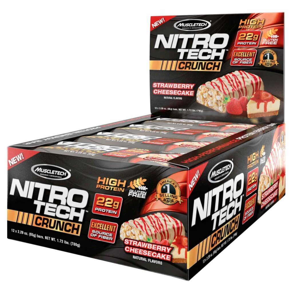 MuscleTech Nitro-Tech Crunch Strawberry Cheesecake - 12 Barras Proteicas Sabor Morango com Queijo