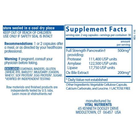 Vital Nutrients Extrato de Pancreatina e Ox Bile - 60 Cápsulas Vegetarianas - Imagem 2