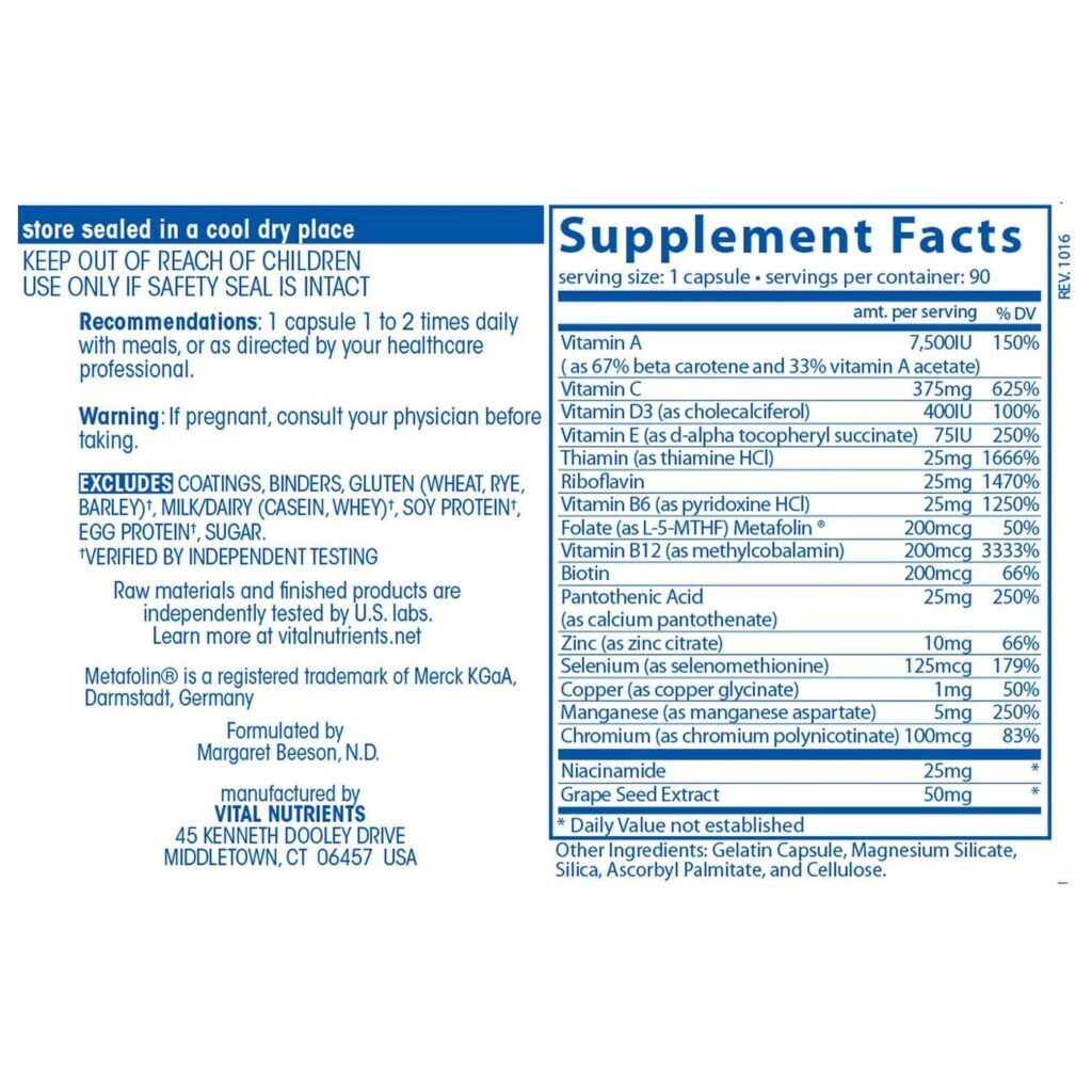 Vital Nutrients Minimal and Essential Multivitamínico Antioxidante 90 Cápsulas - Saúde Essencial - Imagem 2