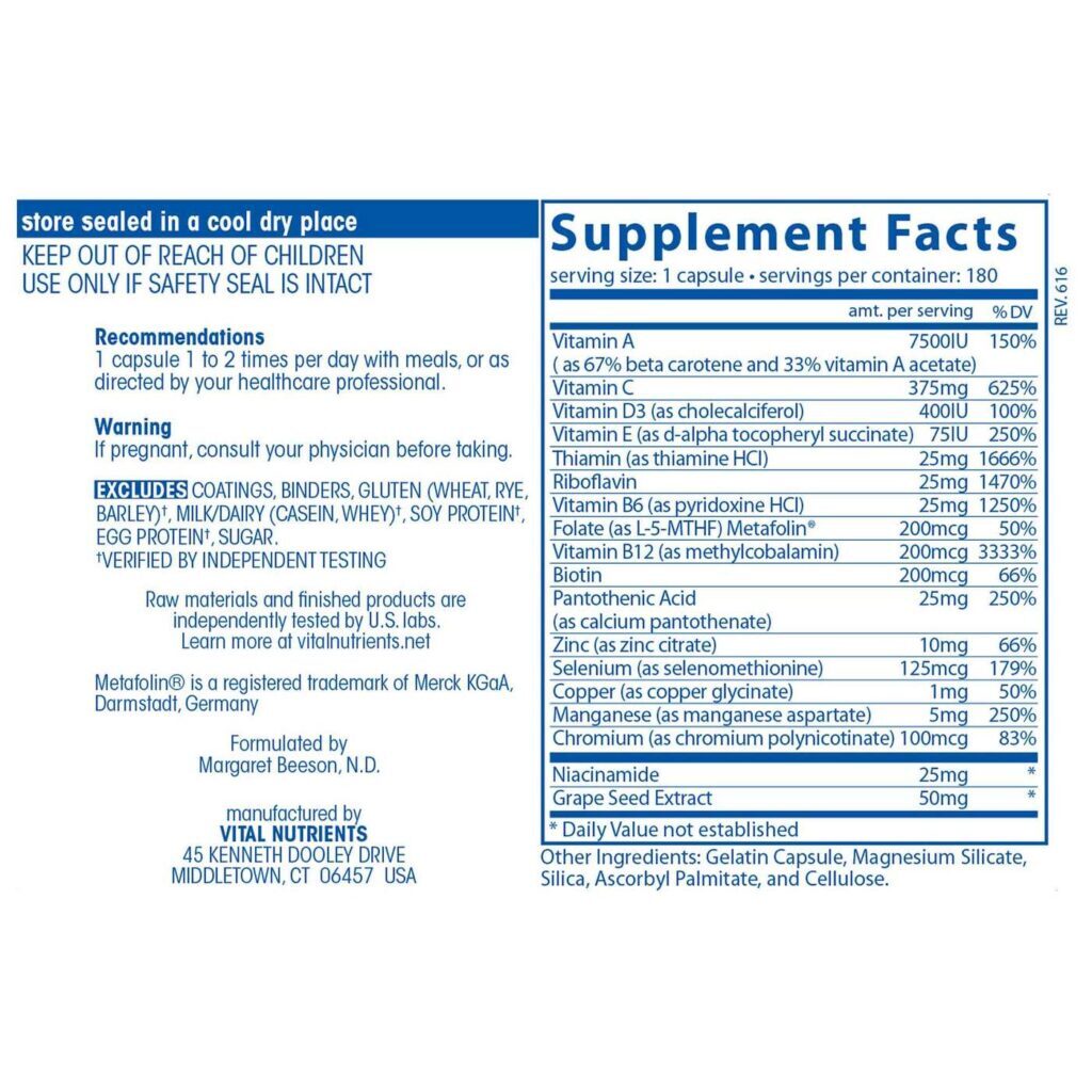 Vital Nutrients Minimal and Essential Fórmula Multivitamínica e Antioxidante - 180 Cápsulas - Imagem 2