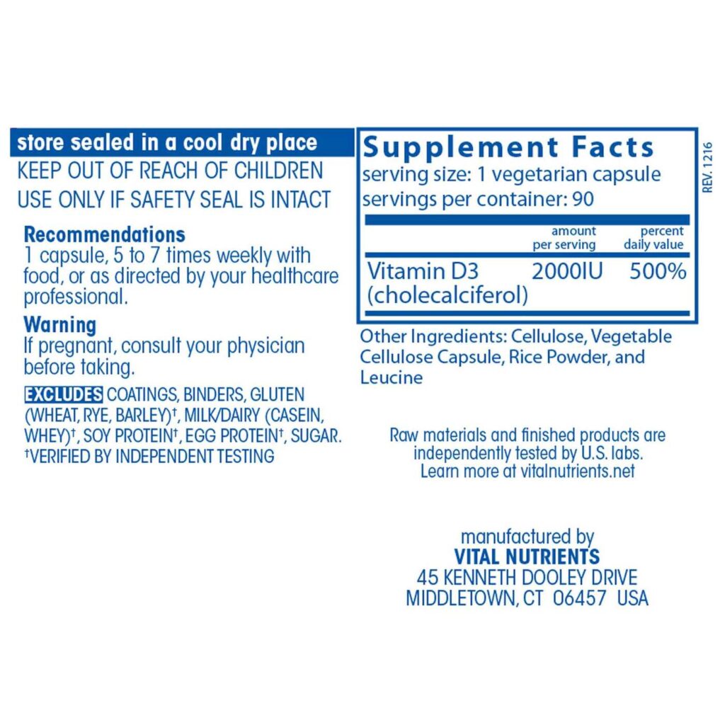 Vital Nutrients Vitamina D3 2.000 UI - 90 Cápsulas Vegetarianas | Essencial para Saúde Óssea e Imunidade no Brasil - Imagem 2