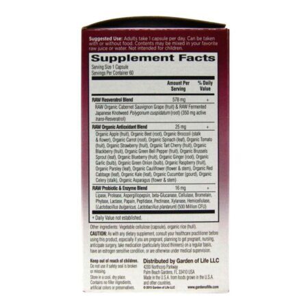Garden of Life RAW Resveratrol™ 60 Cápsulas Vegetarianas: Antioxidante Natural para Saúde e Vitalidade - Imagem 2