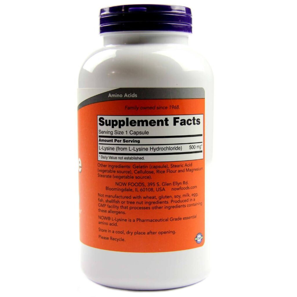 L-Lisina 500 mg Now Foods 250 Cápsulas: Essencial para o Corpo Humano - Imagem 2