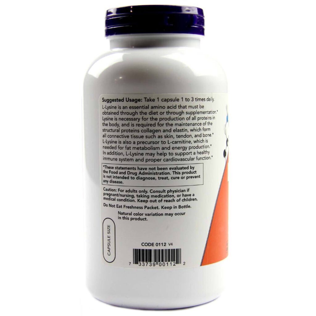 L-Lisina 500 mg Now Foods 250 Cápsulas: Essencial para o Corpo Humano - Imagem 3
