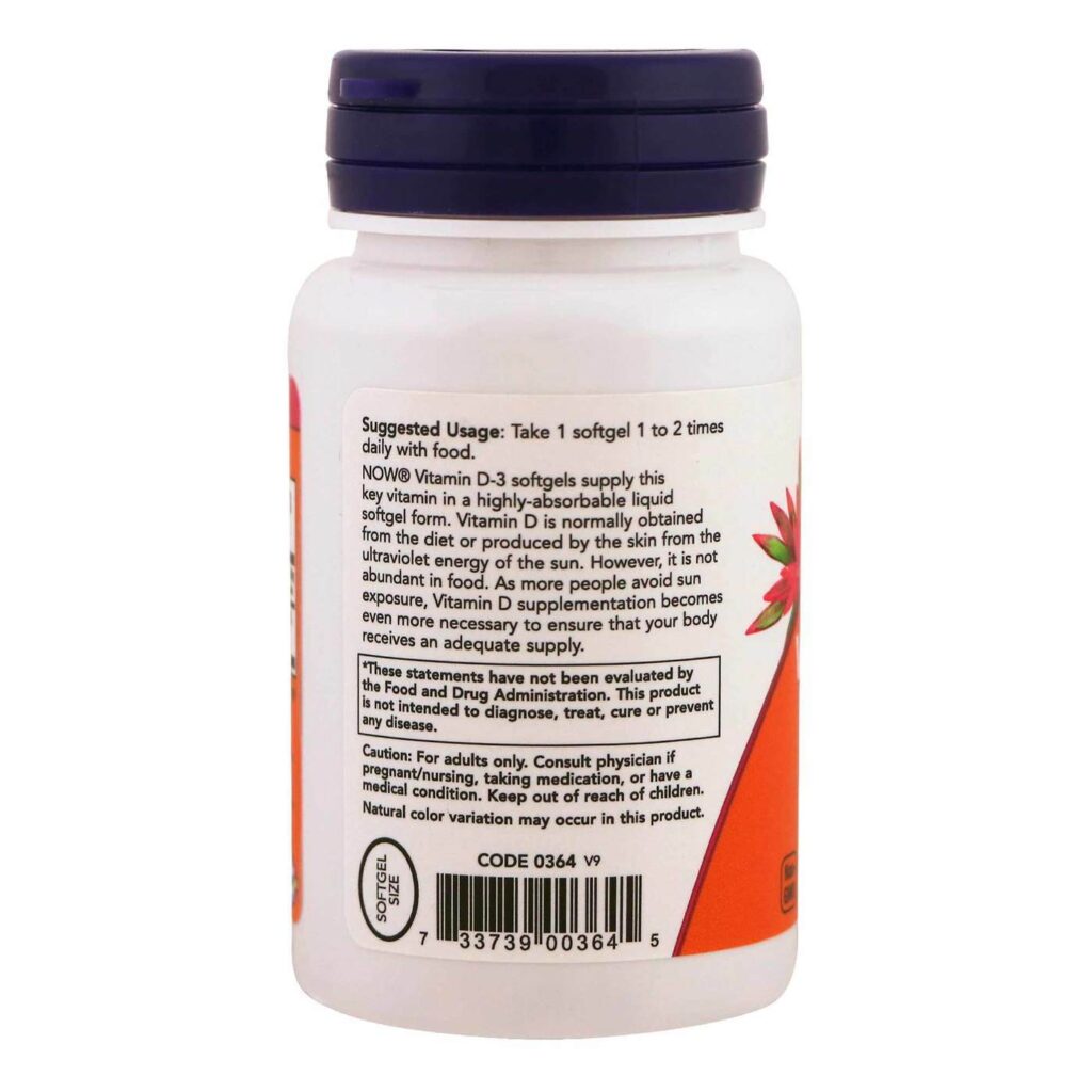 Vitamina D-3 400 UI Now Foods 180 Cápsulas em Gel - Imunidade e Saúde Óssea - Imagem 3