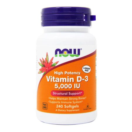 Vitamina D-3 Alta Potência 5000 IU Now Foods 240 Cápsulas em Gel