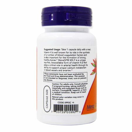 MK-7 Vitamina K-2 100 mcg Now Foods 60 Cápsulas Vegetarianas - Image 2