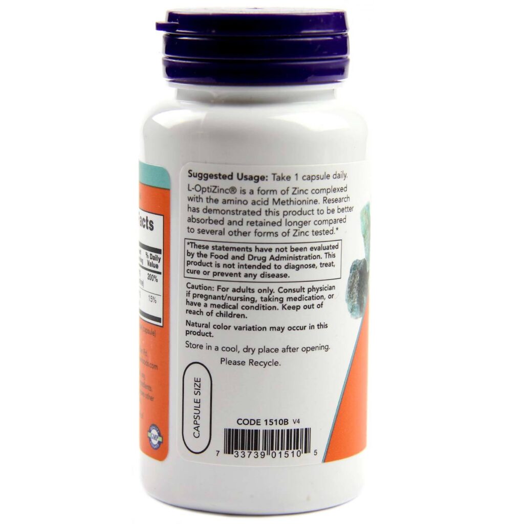 Opti L-Zinco 30 mg Now Foods: Saúde Imunológica e Bem-Estar Essencial com 100 Cápsulas - Imagem 3