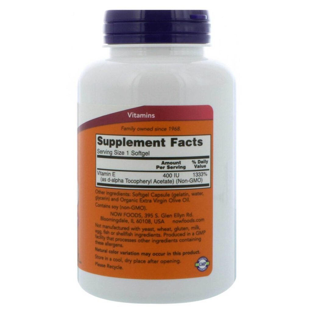 Now Foods E-400 D-Alfa Acetato de Tocoferol - Vitamina E 250 Cápsulas - Imagem 2