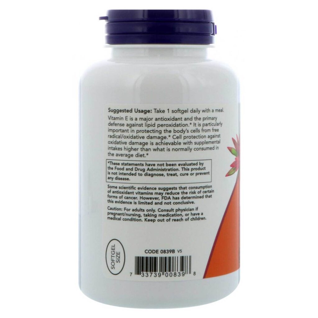 Now Foods E-400 D-Alfa Acetato de Tocoferol - Vitamina E 250 Cápsulas - Imagem 3