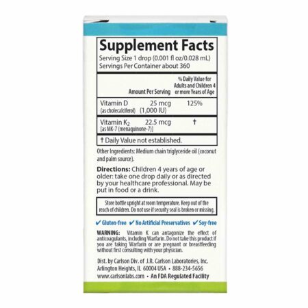 Carlson, Kid's Super Daily D3 + K2 Vitaminas - 10.16ml - Image 3