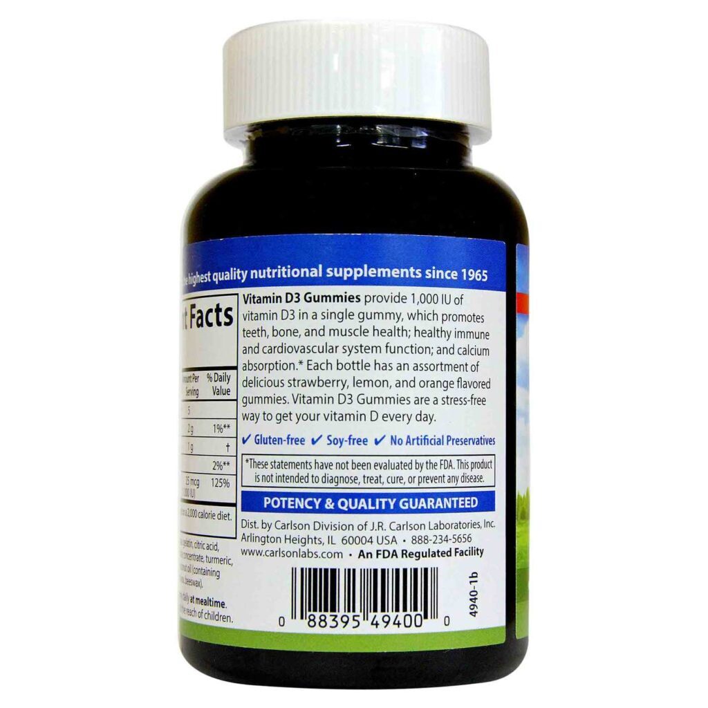 Carlson Labs Vitamina D3 1000 IU Sabor Frutas - 60 Gomas: Essencial para Imunidade e Saúde Óssea no Brasil - Imagem 3