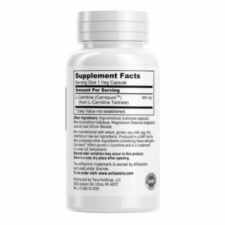 eVitamins L-Carnitina 500 mg 30 Cápsulas Vegetarianas - Image 3