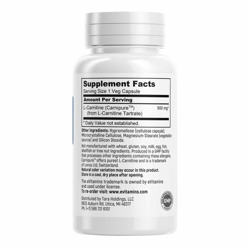 eVitamins L-Carnitina 500mg 30 Cápsulas Vegetarianas: Energia e Metabolismo - Imagem 3