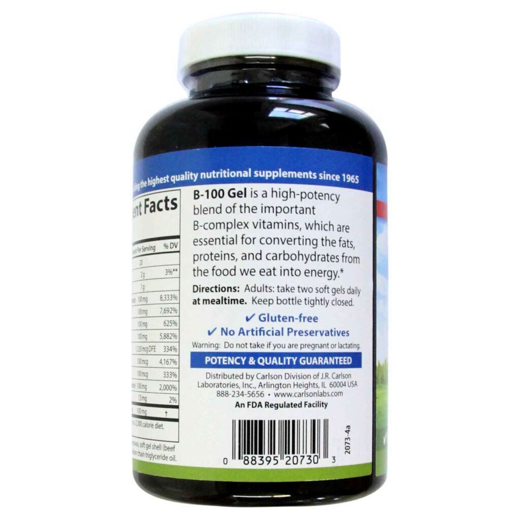 Carlson Labs Complexo B-100 Gel - 100 Cápsulas em Gel: Energia e Bem-Estar Essenciais - Imagem 3