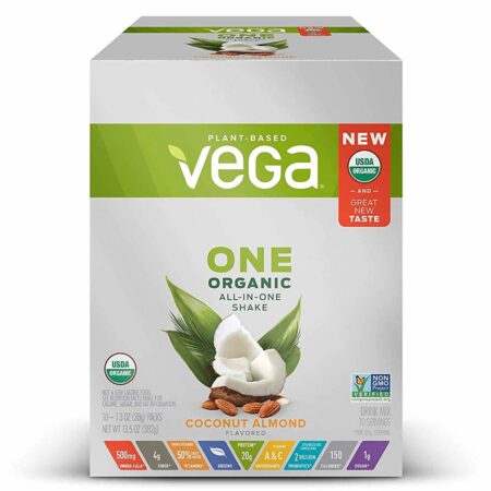 Vega One, Shake Orgânico All-in-One, Sabor Coco e Amêndoas - 10 Pacotes (382 g Total)