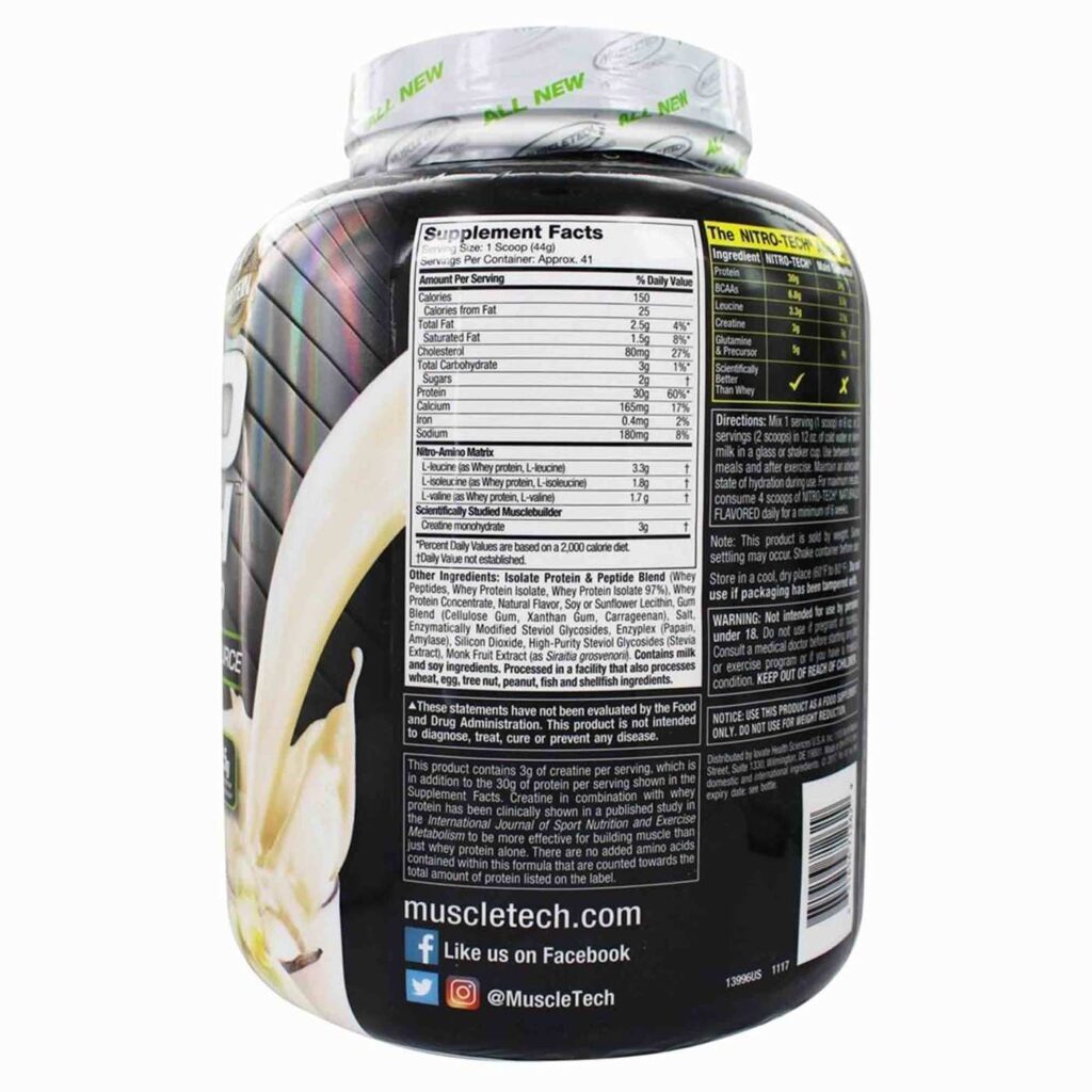 Whey Protein Nitro Tech Naturally Flavored Vanilla MuscleTech 1.8kg - Performance Pura - Imagem 2