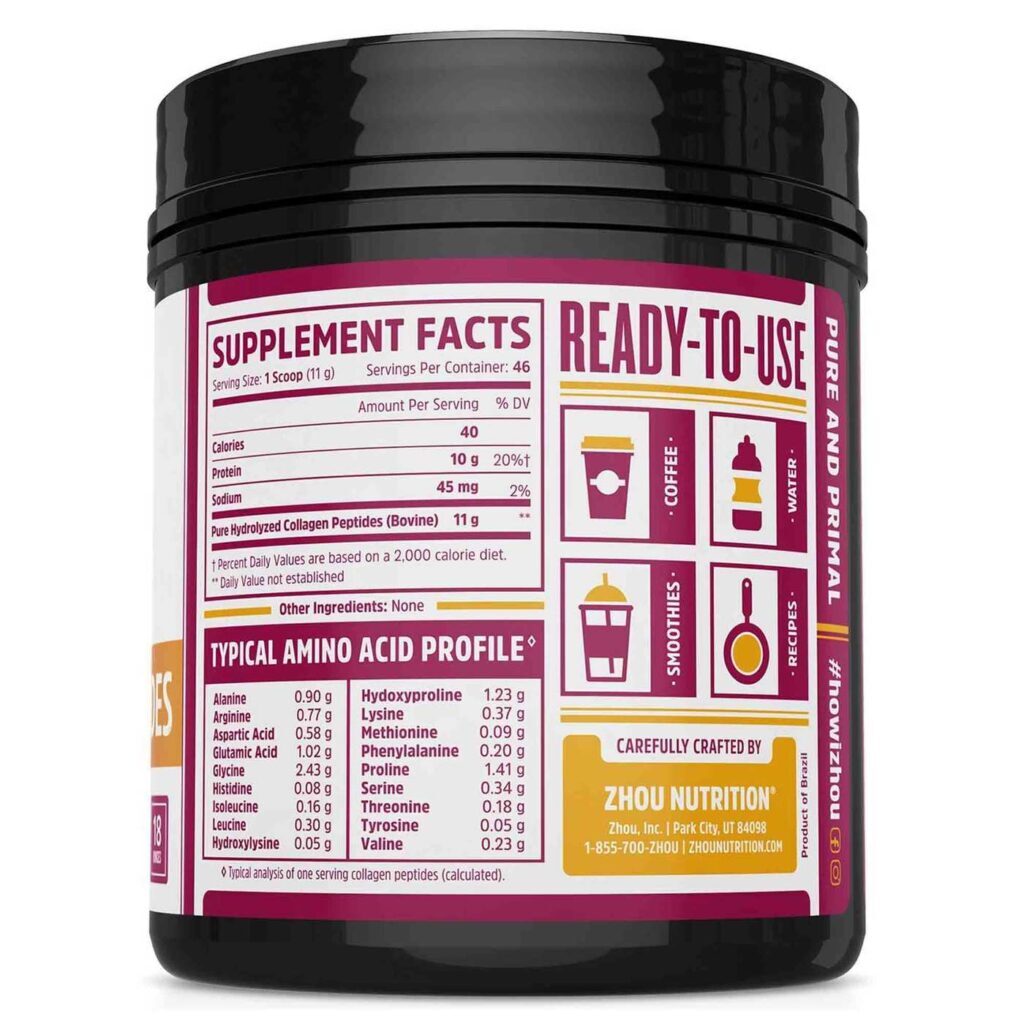 Zhou Proteína Hidrolisada de Peptídeos de Colágeno Sem Sabor 510g - Pele, Cabelo e Articulações - Imagem 3