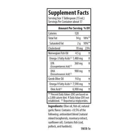 Carlson Labs Olive your Heart Olive and Fish Oil 1480 mg Omega-3s Garlic Flavor 250 ml - Image 5