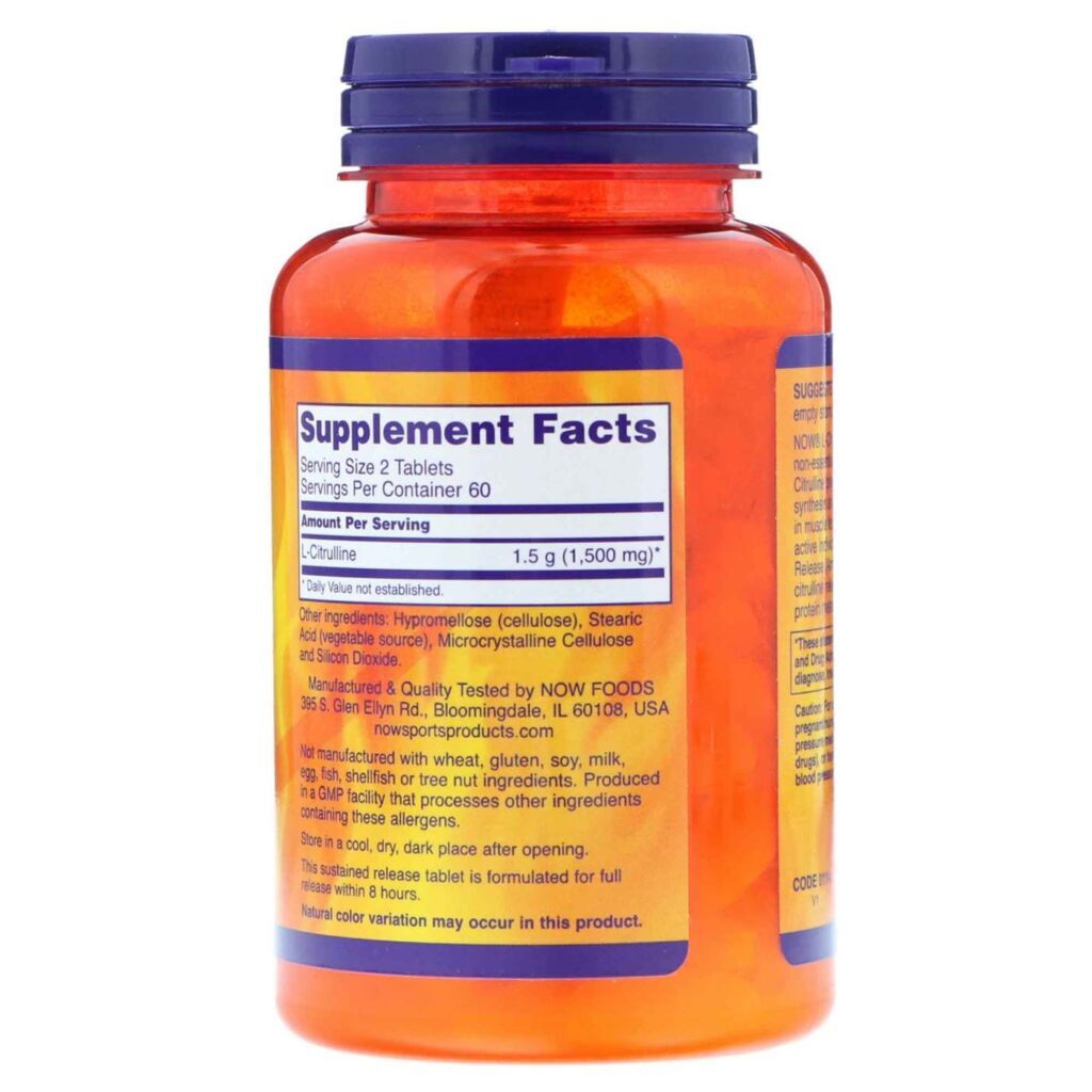 Now Foods L-Citrulina Liberação Sustentada 750 mg - 120 Tabletes: Energia e Desempenho - Imagem 2