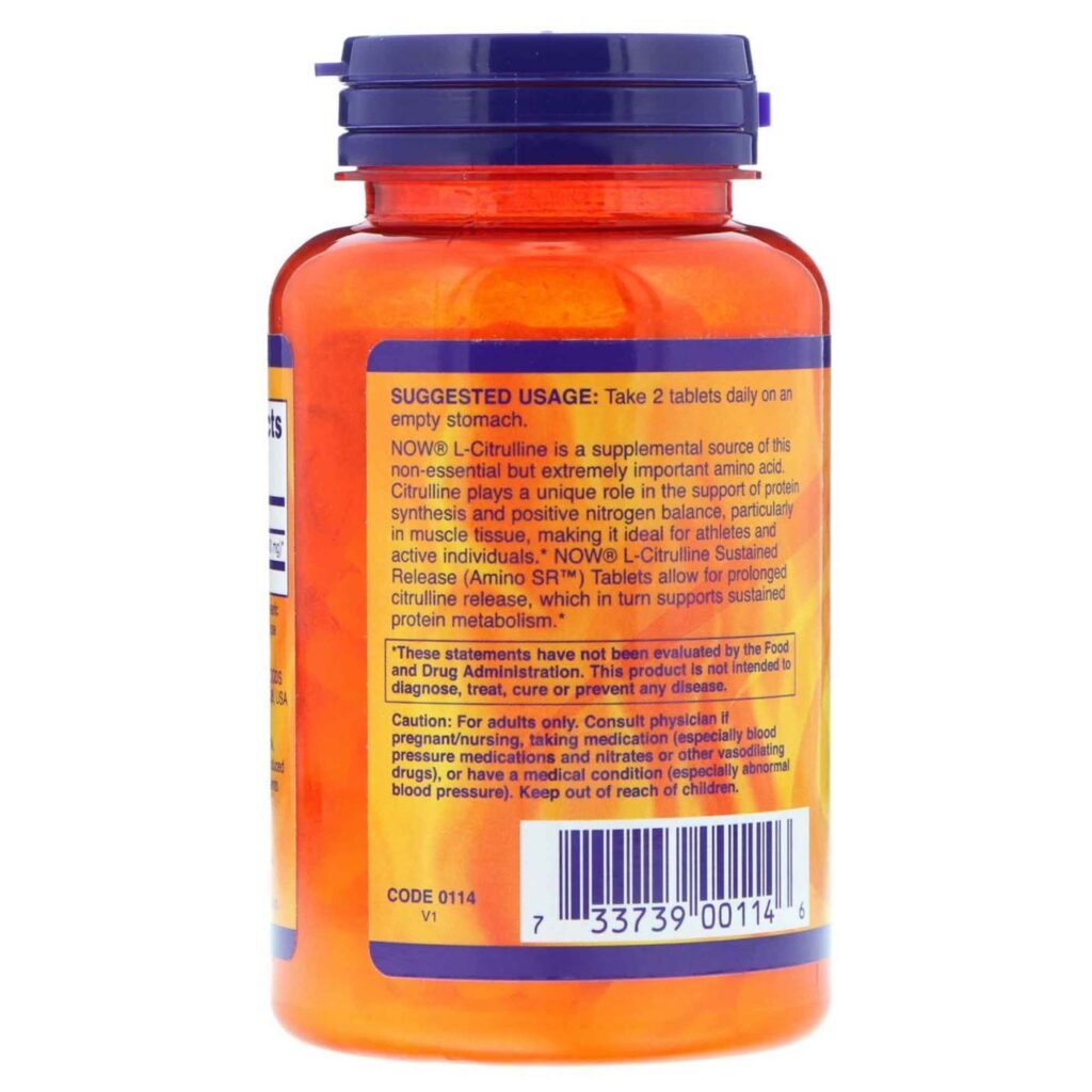 Now Foods L-Citrulina Liberação Sustentada 750 mg - 120 Tabletes: Energia e Desempenho - Imagem 3