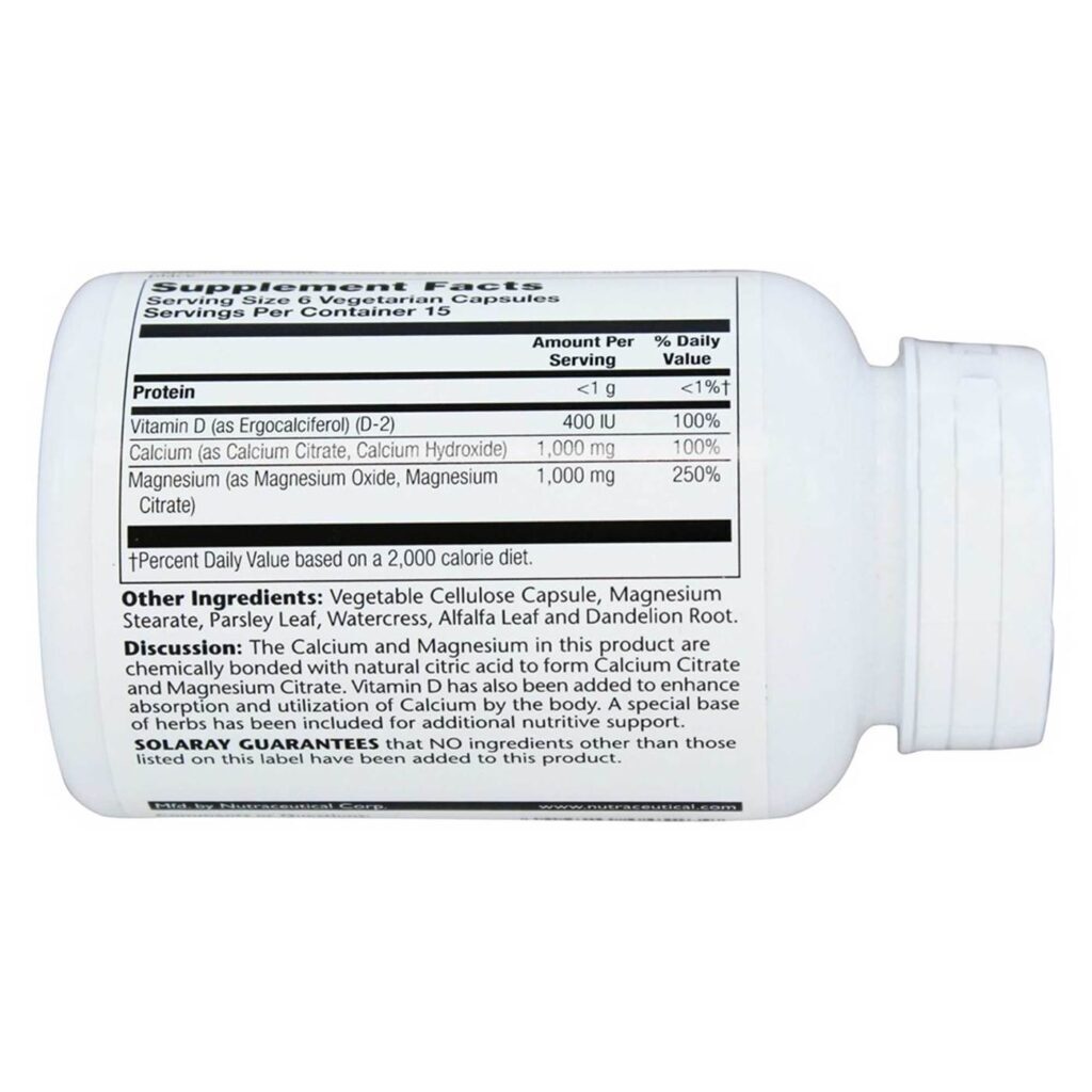 Solaray Cal-Mag Citrato com Vitamina D 1:1 - 90 Cápsulas Vegetarianas para Ossos Fortes - Imagem 3