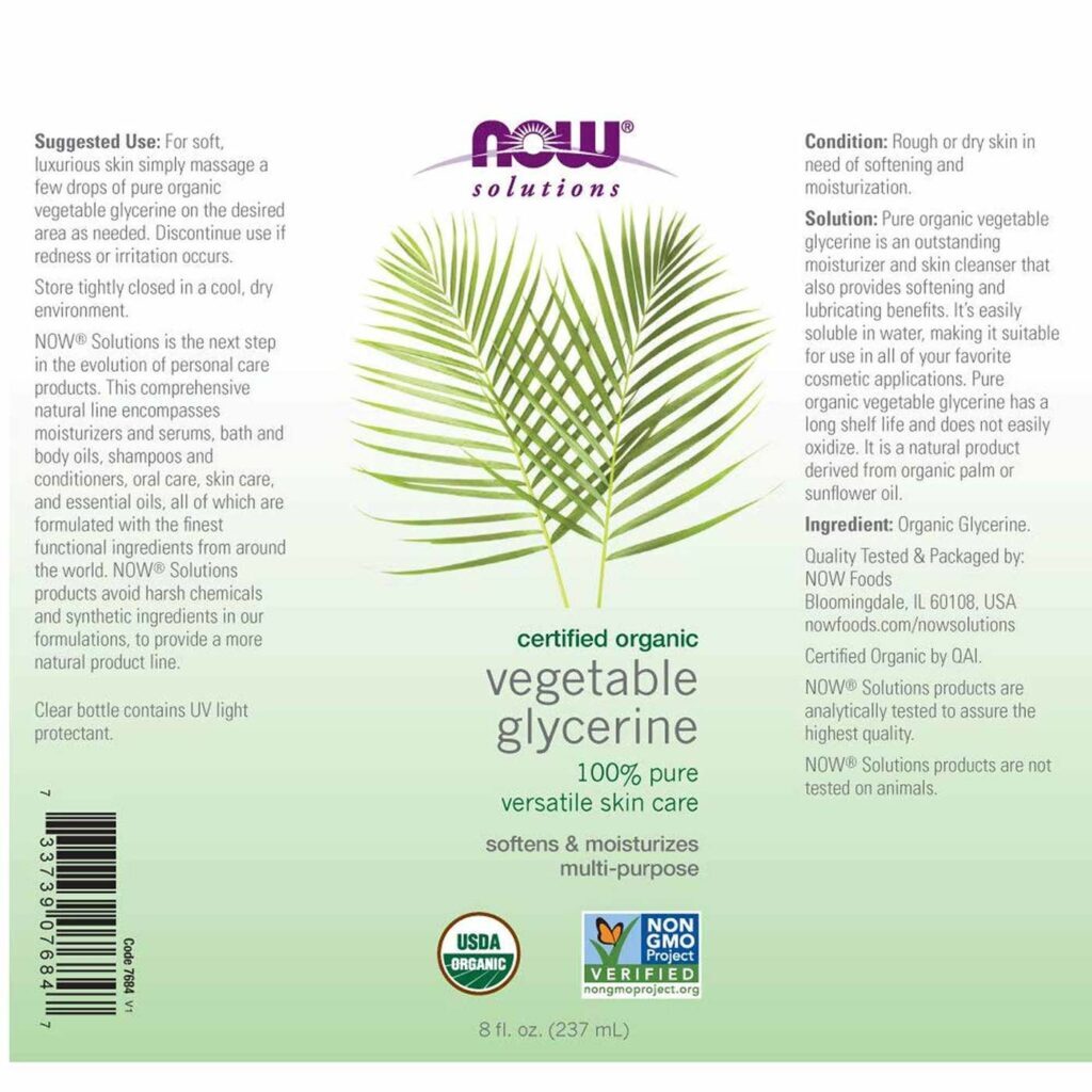 Now Foods Glicerina Vegetal Orgânica 237ml - Hidratação Pura e Versátil - Imagem 2