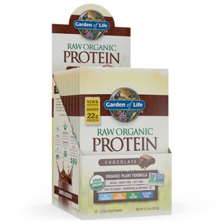 Garden of Life, Proteína Orgânica RAW, Chocolate Cacau - 10 Pacotes (33 g Cada) 332 g Total