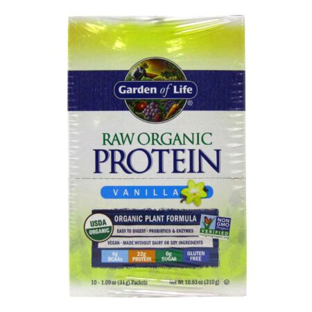 Garden of Life, Proteína Orgânica RAW, Baunilha - 10 Pacotes (31 g Cada) 312 g Total