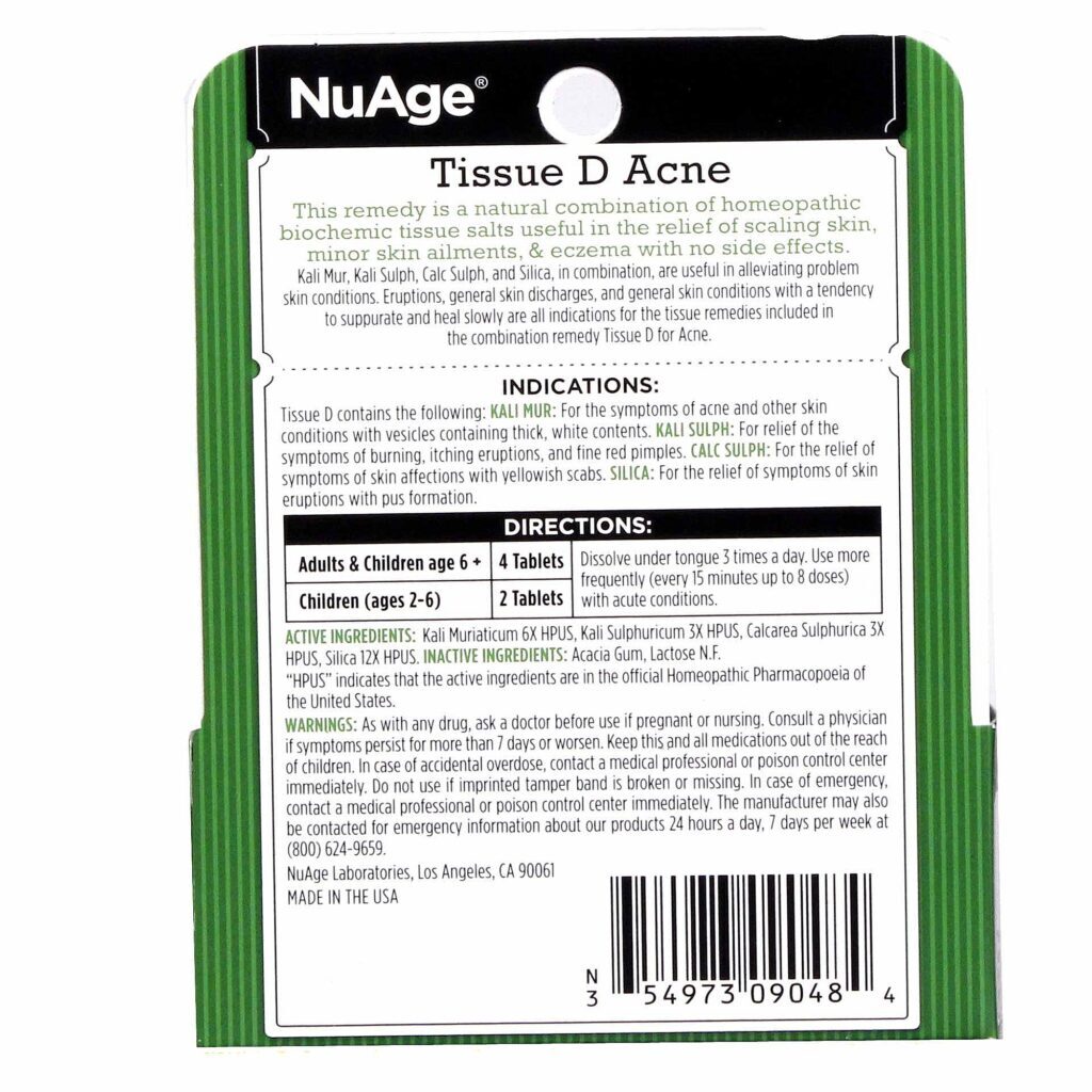 NuAge Homeopathic Remedies D Acne Fórmula Para o Tecido 125 Tabletes - Combate à Acne - Imagem 2