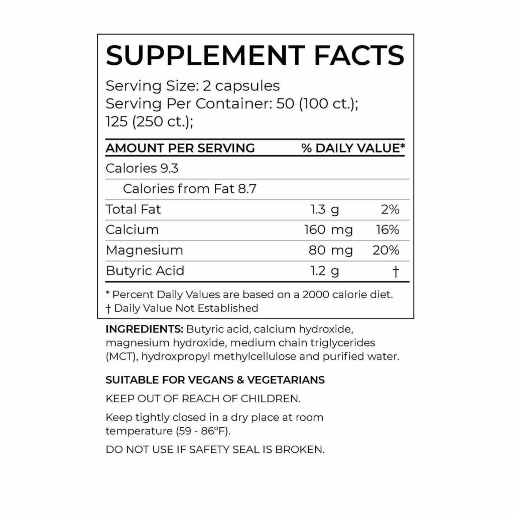 BodyBio® Butirato de Cálcio e Magnésio - 250 Cápsulas Não-GMO para Saúde Intestinal - Imagem 2
