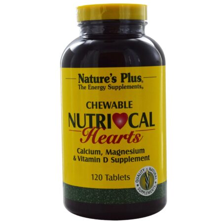 Nature's Plus, Nutri-Cal Hearts Suplemento de Cálcio, Magnésio e Vitamina D - 120 Pastilhas Mastigáveis