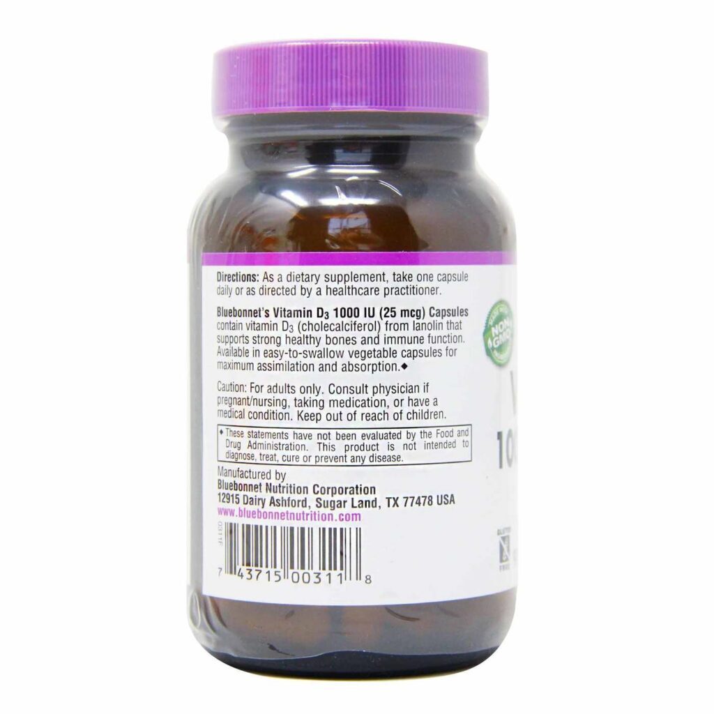 Bluebonnet Nutrition Vitamina D3 1.000 UI - 90 Cápsulas Vegetarianas para Ossos Fortes - Imagem 2