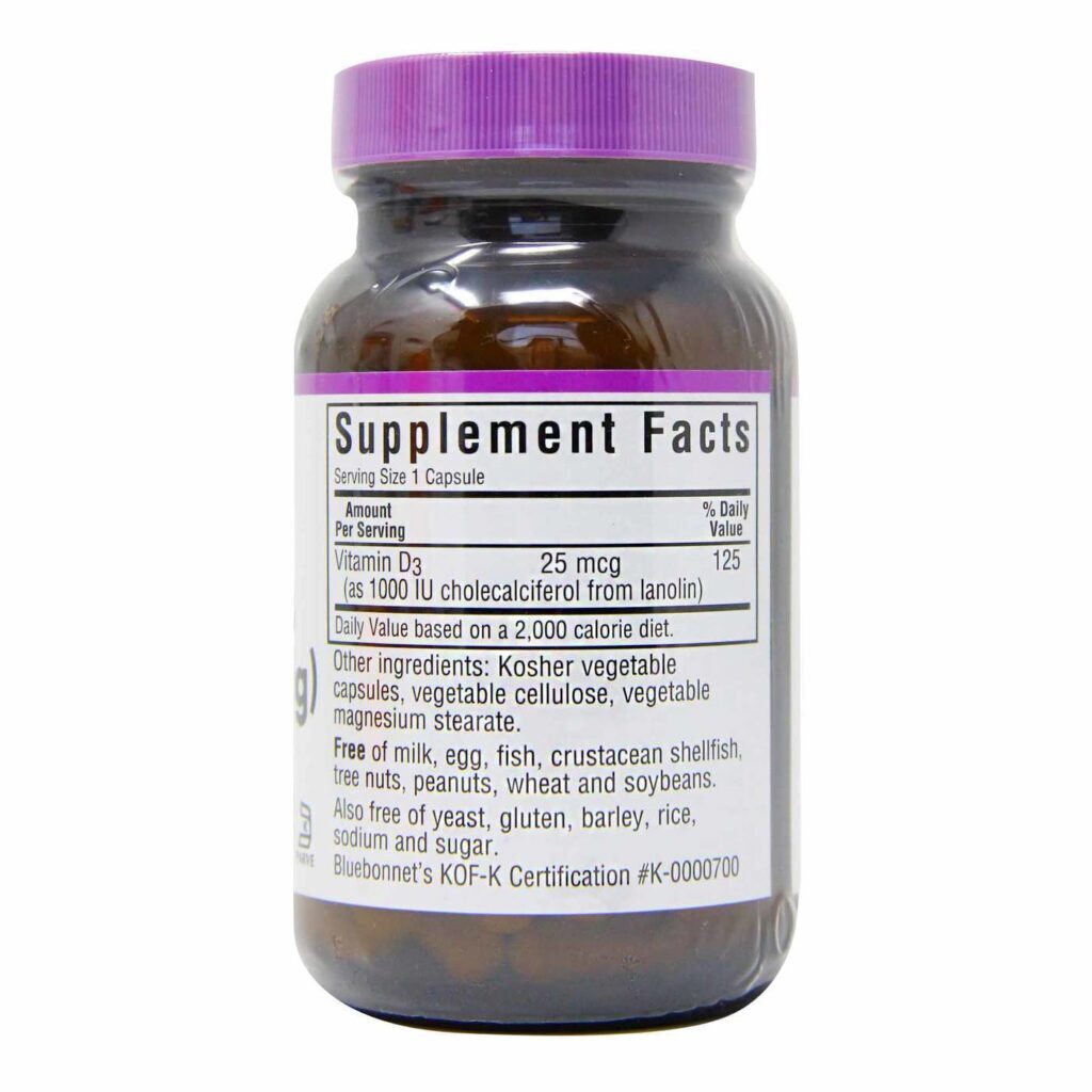 Bluebonnet Nutrition Vitamina D3 1.000 UI - 90 Cápsulas Vegetarianas para Ossos Fortes - Imagem 3