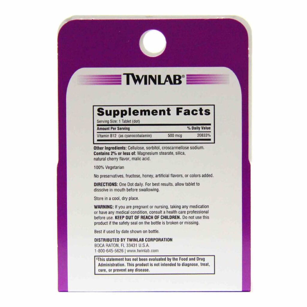 Twinlab Vitamina B-12 500 mcg - Energia e Vitalidade com 250 Tabletes - Imagem 2