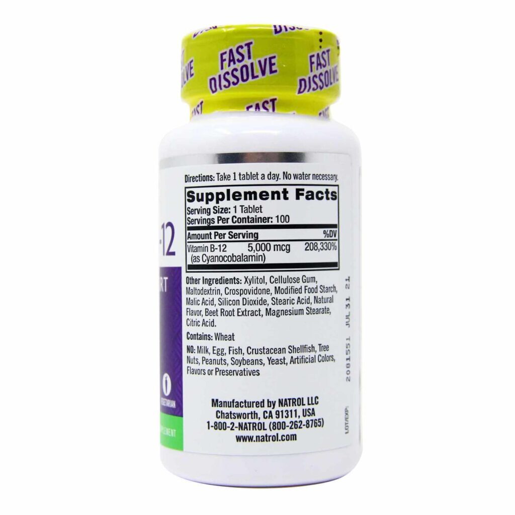 Natrol Vitamina B12 5000 mcg Dissolução Rápida 100 Tabletes - Energia e Vitalidade - Imagem 3