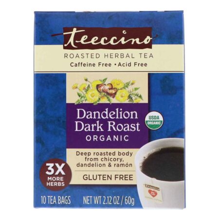 Teeccino Roasted Herbal Tea, Dente-de-leão Assado Escuro - 10 Saquinhos de Chá